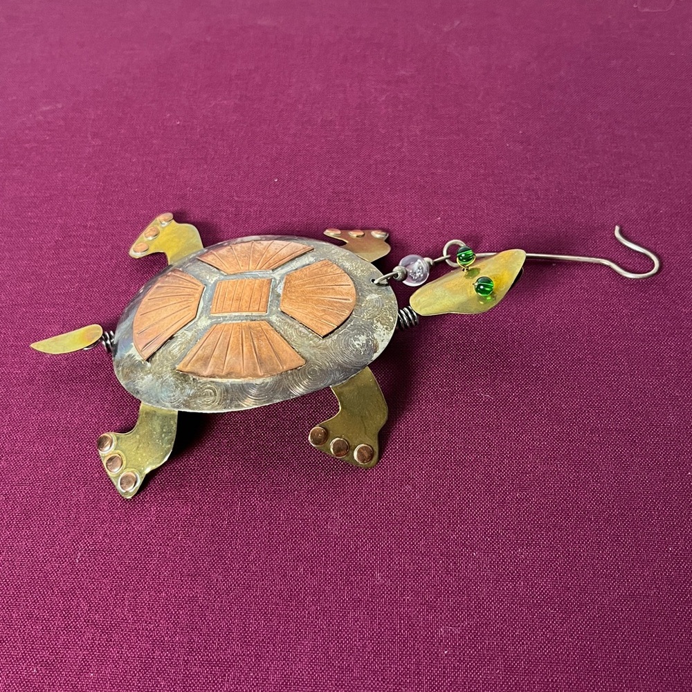 Vintage Brass Copper Silver Metal Turtle w Green‎ Bead Eyes Ornament